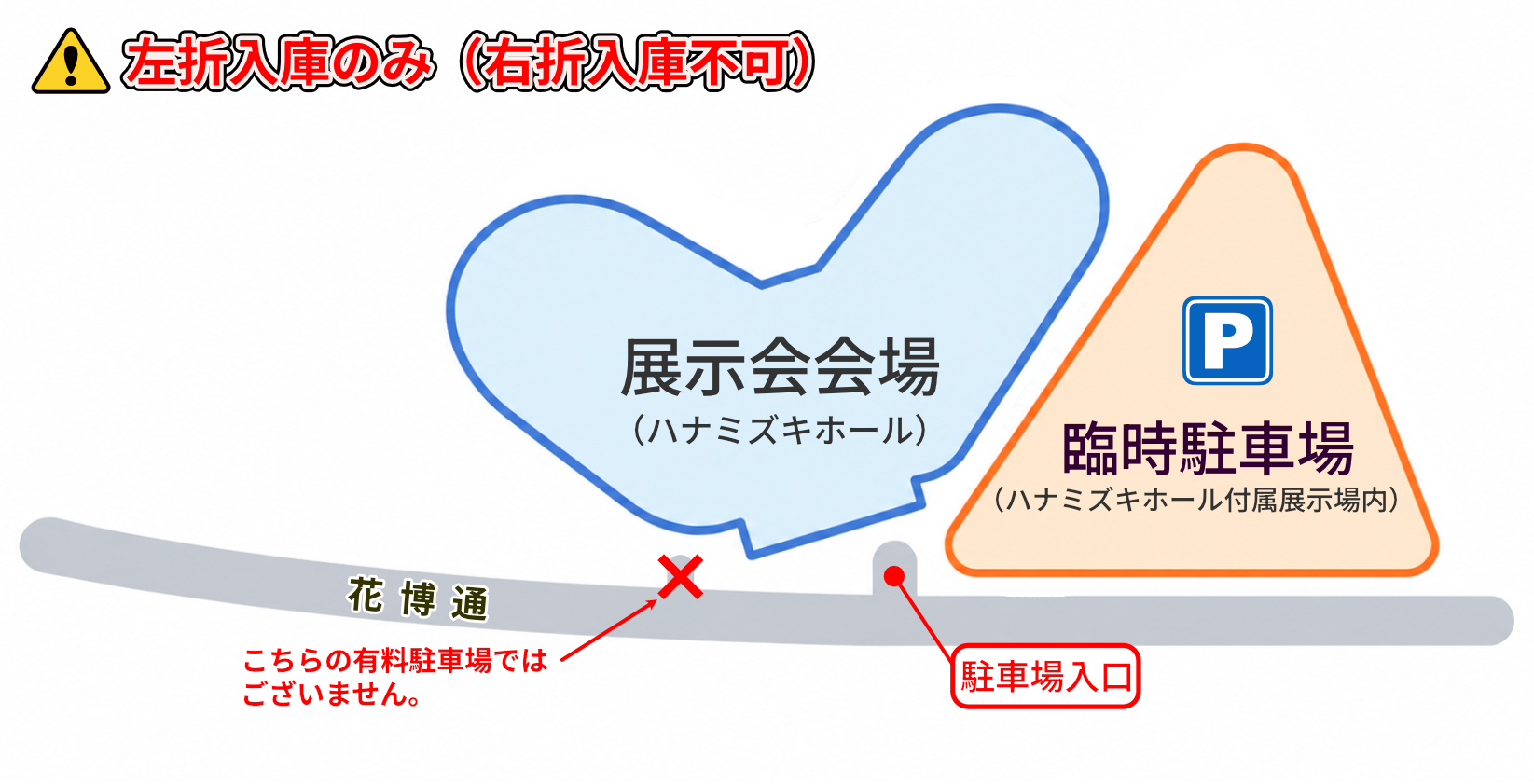 ハナミズキホールに隣接する臨時駐車場の案内図。花博通沿いの専用入口から左折で入庫してください。公園の有料駐車場とは入口が異なります。